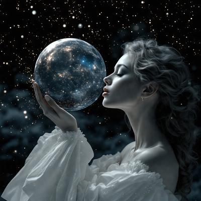 The primary subject of the image is a woman with long hair, who is holding a blue and white globe in her hands. The setting is a nighttime scene with a starry background, creating a sense of wonder and magic. The visual style is a combination of photography and digital art, giving the image a surreal and dreamy quality. The colors and mood are predominantly dark and mysterious, with the blue and white globe adding a touch of brightness and whimsy to the scene.